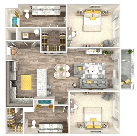 Floor plan for 2 beds, 2 baths, 1134 sqft